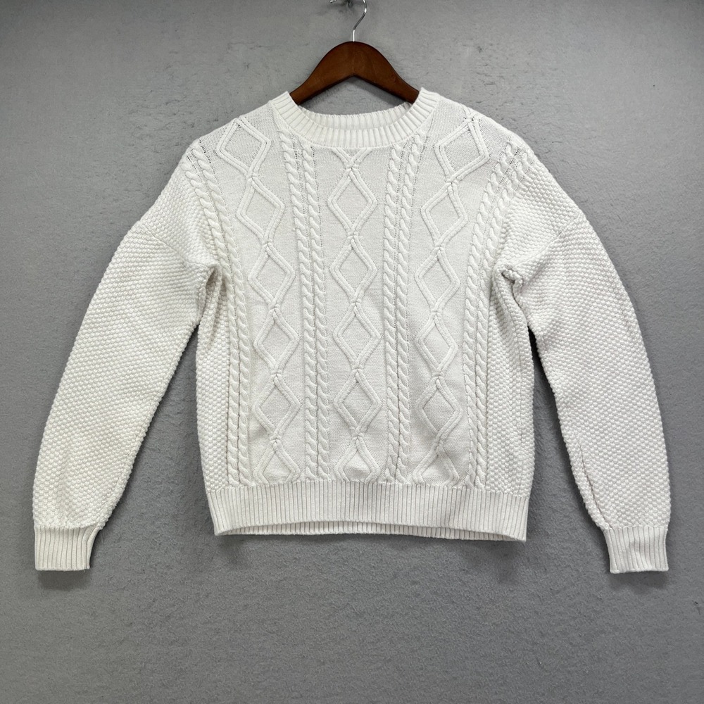 Hollister Sweater Womens XS White Cable Knit Fisherman Pullover Preppy Coastal